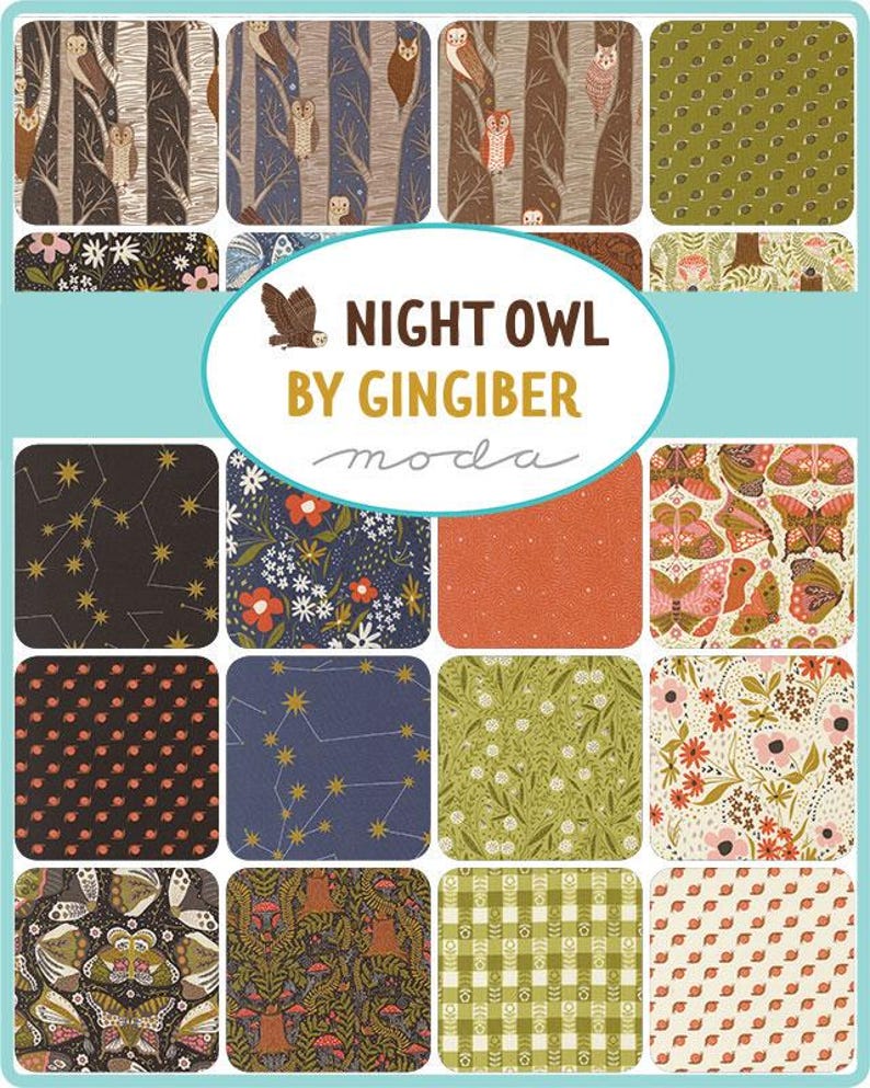 May include: A collection of fabric swatches with various patterns. Designs include owls in trees, floral arrangements, constellations, butterflies, and geometric shapes. The text "NIGHT OWL BY GINGERBER MODA" is displayed in the center.