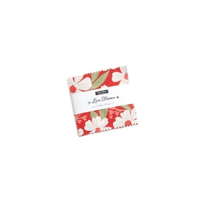 May include: A pack of 5-inch fabric squares featuring a red background with white flowers and green leaves. The fabric squares are labeled "Love Blooms" by Moda Fabrics.