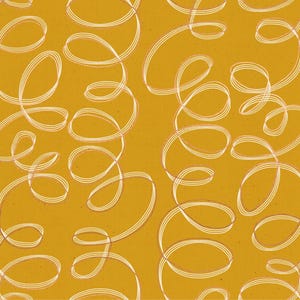 May include: Mustard yellow background with a repeating pattern of white and light orange swirls. The swirls have a textured, hand-drawn appearance, creating a playful and organic design. This pattern is suitable for fabric, wallpaper, or other decorative applications.