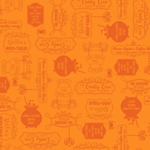 Hometown Halloween Orange Shop Signs by Kim Christopherson, KimberBell For Maywood Studio MAS9924-O Sold in HALF Yard Increments