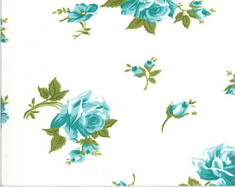 Pocketful of Posies by Chloe's Closet for Moda Fabrics, Aqua roses flowers on white  33541 21  Fabric sold in HALF YARD increments