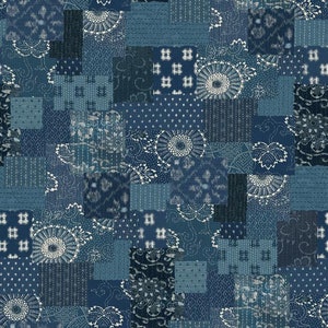 May include: A seamless pattern of blue and white fabric squares with various geometric and floral designs. The fabric has a patchwork look and is reminiscent of traditional Japanese textiles.