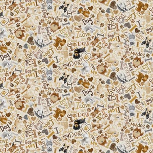 La tela Tossed Dogs and Words Cream de Timeless Treasures Collection CD3317-CREAM se vende en incrementos de MEDIA YARDA.