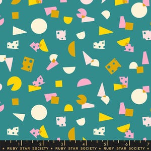 May include: Teal fabric with a repeating pattern of geometric shapes in yellow, pink, white, and gold. The design includes circles, triangles, squares, and semi-circles. The text "RUBY STAR SOCIETY" is at the bottom.
