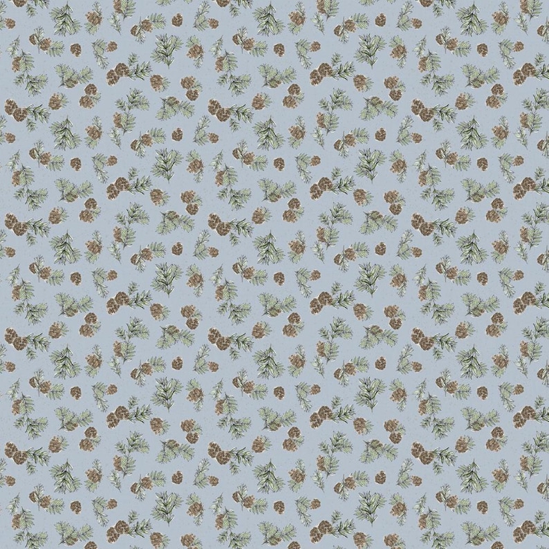 May include: A seamless pattern featuring a light blue background with a repeating design of pine cones and evergreen branches. The pine cones are brown, and the branches are green, creating a natural, textured look.