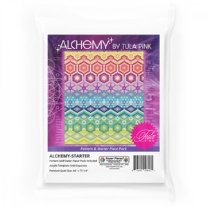 May include: A colorful quilt pattern called "Alchemy" by Tula Pink. The pattern features a geometric design with hexagons and stars in shades of pink, purple, blue, green, and yellow. The pattern is for a quilt that measures 66 inches by 77-1/4 inches.