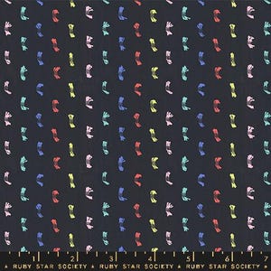 May include: A black fabric with a repeating pattern of colorful brushstrokes. The brushstrokes are in various shades of pink, blue, yellow, and green.