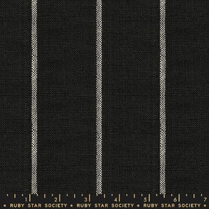 May include: Black and white striped fabric with a subtle texture. The fabric has a repeating pattern of vertical white stripes on a black background.