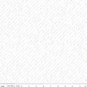 May include: White fabric with a subtle gray pattern of handwritten script. The fabric has a ruler with inches marked along the bottom.