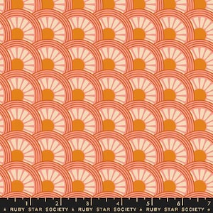 May include: A repeating pattern of stylized orange and peach-colored fan shapes on a cream background. Each fan has a central orange circle and radiating lines. The text "RUBY STAR SOCIETY" is at the bottom.