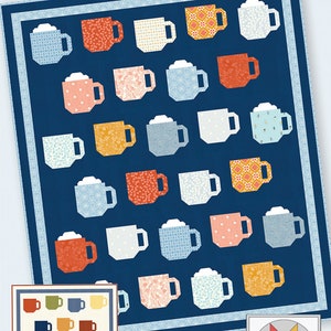 May include: A quilt pattern featuring a colorful array of mugs with different patterns. The quilt is made up of 36 individual mug blocks. The pattern is called "Mod Mugs" and includes an optional cream topping for the blocks. The image also includes a smaller version of the quilt pattern and a logo for "a bright corner".