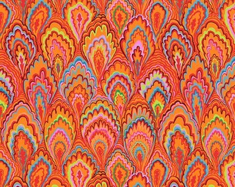 May include: A colorful fabric with a repeating pattern of orange, pink, blue, and green swirls. The swirls are arranged in a wave-like pattern, creating a sense of movement. The fabric is perfect for quilting, crafts, and home decor.
