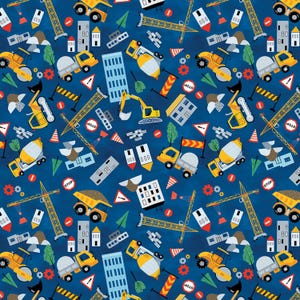 May include: A blue background with a repeating pattern of construction vehicles, including a cement mixer, dump truck, excavator, crane, and a road roller. There are also stop signs, traffic cones, and buildings.