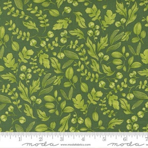 May include: Green fabric with a repeating pattern of light green leaves and foliage. The leaves vary in shape and size, with detailed veining. The background is a solid, dark green. The fabric is marked with a ruler and the word "moda".