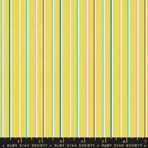 May include: A yellow fabric with vertical stripes in various colors, including blue, pink, and brown. The fabric has a subtle texture and is perfect for crafting projects.