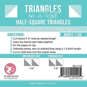 May include: A teal and white package for "Triangles on a Roll" half-square triangles. The package includes instructions, diagrams, and measurements in inches. The finished size is 1 1/4 inches.
