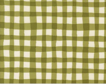 Könnte beinhalten: Nahaufnahme eines Stoffes mit einem grün-weißen Karomuster. Der Stoff hat ein gitterartiges Design mit ungleichmäßigen, pinselstrichartigen Linien. Die Farbpalette ist ein weiches Grün und Off-White, was eine rustikale Ästhetik erzeugt. Der Stoff wird wahrscheinlich zum Quilten oder für die Heimdekoration verwendet.