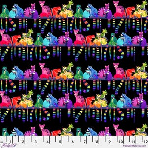 May include: A repeating pattern of colorful, stylized animals on a black background. The animals, including raccoons and cheetahs, are in shades of pink, blue, green, and yellow. Vertical stripes with rainbow colors hang below the animals. The text "Free Spirit Fabrics" is at the bottom.