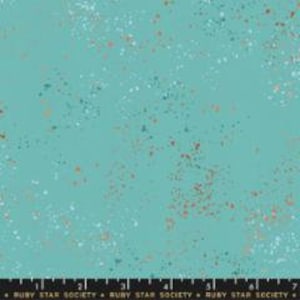 May include: Teal fabric with a speckled pattern of white, gold, and rust colored dots.