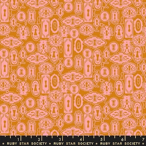 May include: A seamless pattern featuring pink keyhole designs on a mustard yellow background. The pattern is made up of various shapes and sizes of keyholes, all with a simple, elegant design.