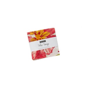 May include: A pack of fabric squares with a floral print in shades of red, yellow, and white. The fabric is labeled "Tulip Tango by Robin Pickens".