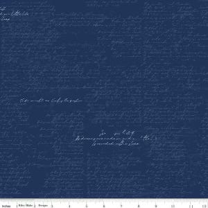 May include: A navy blue fabric with a white script pattern. The script is faded and appears to be handwritten. The fabric is a repeating pattern.