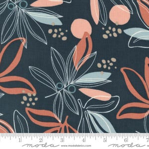 May include: Abstract floral fabric with a dark blue background, featuring white and light blue leaf outlines, and coral pink and peach shapes. The fabric has a repeating pattern and includes the text "moda" and "www.modafabrics.com".