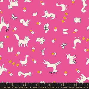 May include: Pink fabric with a white repeating pattern of animals, birds, and plants. The pattern includes a fox, squirrel, deer, rabbit, bird, butterfly, and a turtle.