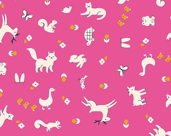 May include: Pink fabric with a white repeating pattern of animals, birds, and plants. The pattern includes a fox, squirrel, deer, rabbit, bird, butterfly, and a turtle.