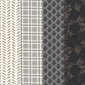 May include: Three fabric swatches with different patterns. The first swatch has a white background with a light brown herringbone pattern. The second swatch has a white background with a gray and white plaid pattern. The third swatch has a gray background with a black floral pattern.