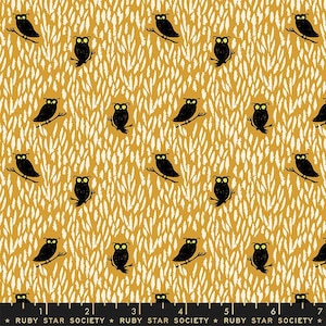 May include: A seamless fabric pattern featuring black owls with yellow eyes on a mustard yellow background with white leaf-like shapes.