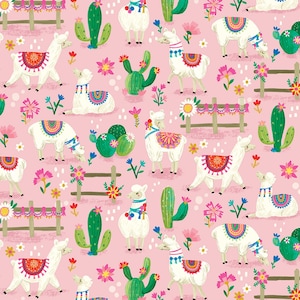 Happy Alpaca Pink Llama by Olive Gibbs Collection for Timeless Treasures CD1844-PINK Fabric is sold in HALF YARD increments