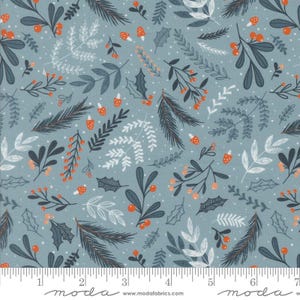 May include: A fabric with a repeating pattern of botanical elements. The design features dark blue, white, and orange-red leaves, berries, and mushrooms on a light blue background. The fabric has a textured appearance and is suitable for various craft projects.