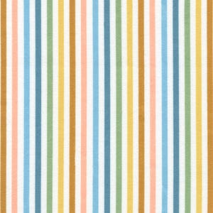 May include: A white fabric with vertical stripes in various colors, including light blue, green, yellow, brown, and pink.