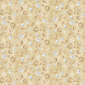 May include: A seamless pattern featuring a variety of seashells, starfish, and sand dollars on a beige background.