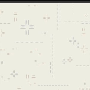 May include: Cream-colored wallpaper with a repeating pattern of gray and taupe geometric shapes, including dashes, crosses, and lines. The text "108" WIDE" is at the top. This design is suitable for home decor.