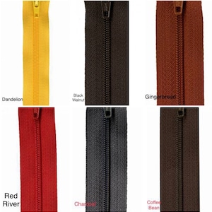May include: Six different colors of zipper tape, including dandelion yellow, black walnut, gingerbread, red river, charcoal, and coffee bean. The zippers are all closed and have a metal slider.