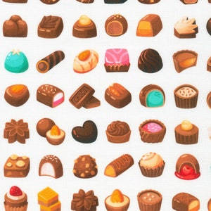 May include: A variety of colorful and delicious chocolate candies, including truffles, pralines, and other assorted chocolates. The candies are arranged in rows on a white background.