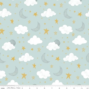 May include: A seamless pattern featuring white clouds, gray crescent moons, and gold stars on a light blue background.