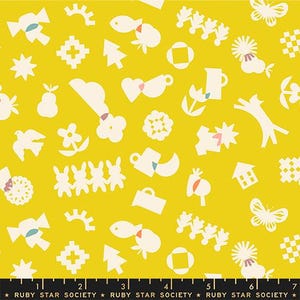 May include: Yellow fabric with a repeating pattern of white and light blue whimsical shapes, including fish, butterflies, flowers, and geometric designs. The fabric has a ruler at the bottom with the text "RUBY STAR SOCIETY".