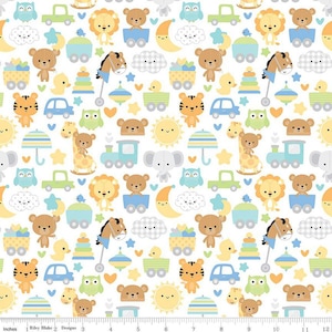 May include: White fabric with a repeating pattern of various animals, including lions, giraffes, tigers, owls, and bears. The animals are depicted in a cartoon style and are surrounded by various objects, such as clouds, stars, hearts, and toy trains. The fabric is perfect for crafting projects, such as baby blankets, quilts, and clothing.