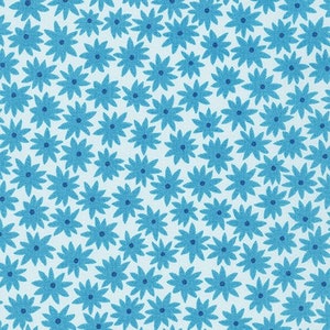 May include: A repeating pattern of blue stylized flowers on a light blue background. Each flower has multiple petals and a dark blue center. The design is evenly spaced, creating a consistent floral print suitable for fabric or wallpaper.