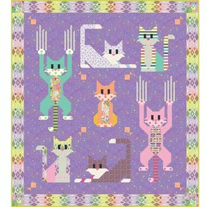 May include: A purple background with a colorful patchwork design featuring seven cats with different patterns and poses. The cats are all in a playful mood, with some stretching, some sitting, and some standing.