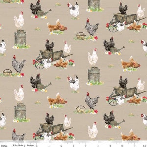 Spring Barn Quilts Chickens Tan by Tara Reed for Riley Blake Designs, CD14331 TAN Sold in HALF yard increments