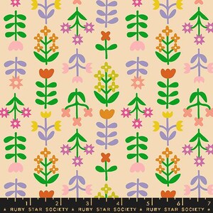 May include: A repeating pattern of stylized flowers in shades of green, orange, pink, yellow, and purple on a light beige background. The design includes various floral shapes and star-like accents. The text "RUBY STAR SOCIETY" is at the bottom.
