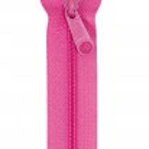 May include: A pink zipper with a metal slider and a pull tab. The zipper is closed and has a smooth finish.