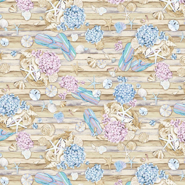 Beach Bound Beach Motif on Wood Multicolor by Barb Tourtillotte for Henry Glass & Co 605-41 Fabric is Sold in HALF yard increments