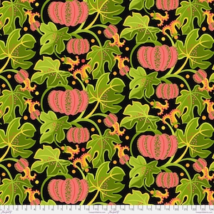 May include: A repeating pattern featuring stylized pumpkins, leaves, and floral elements on a black background. The pumpkins are a coral color with green speckles, and the leaves are green with yellow accents. The design has a vintage, botanical feel.