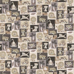 May include: A seamless pattern featuring a variety of brown and beige animal illustrations. The pattern includes lions, tigers, and leopards in various poses. The background is a light beige color with brown and beige geometric shapes.