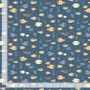 May include: A fabric pattern featuring a repeating design of colorful cartoon fish, seaweed, and bubbles on a dark blue background. The fish are in various colors, including yellow, orange, and blue. The pattern is whimsical and suitable for children's items.